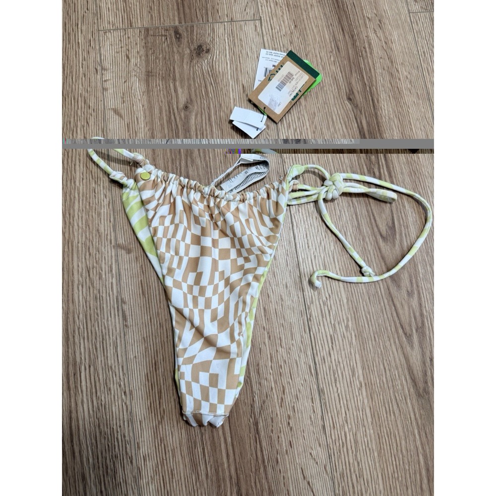 Volcom Check Her Out Tiny Bikini Bottom Women's M Tan Checkered Tie Side NWT